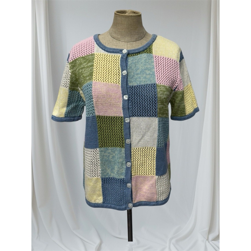 Y2K Colorblock Open Knit Sweater Short Sleeve Pastel Artsy Women M Retro Cottage